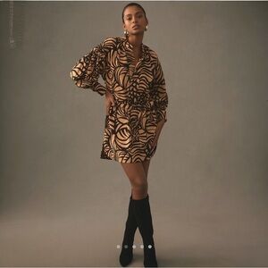 Anthropologie Long-Sleeve Printed Tunic Mini Dress Tan Black sundress Anthro M